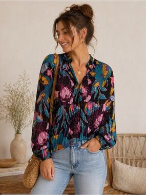 Ryegrass Floral Boho Blouse Large Pleated Cottagecore Romantic Artsy Top
